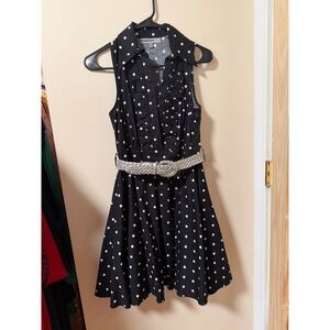 Bailey Blue Black White Polka Dot Dress Ruffle Fit Flare Belt S Small